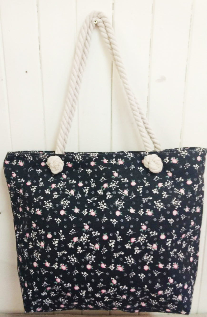 Black Floral Canvas Tote Bag