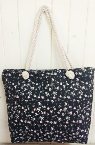 Black Floral Canvas Tote Bag